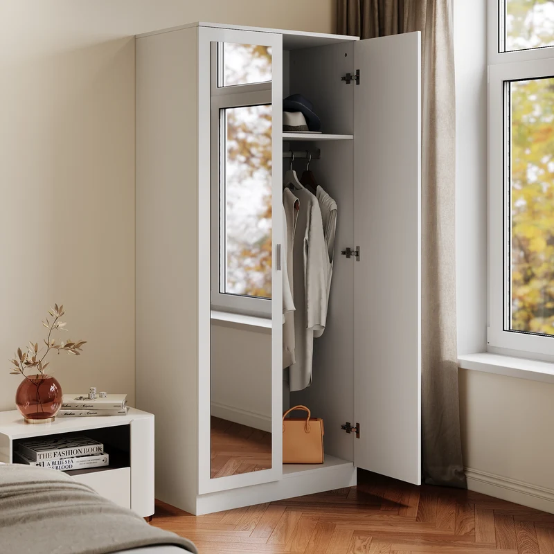 Armoire moderne 2 portes avec beaucoup d'espace de rangement, armoire polyvalente à portes battantes en blanc avec porte miroir, 76 x 47x 180cm