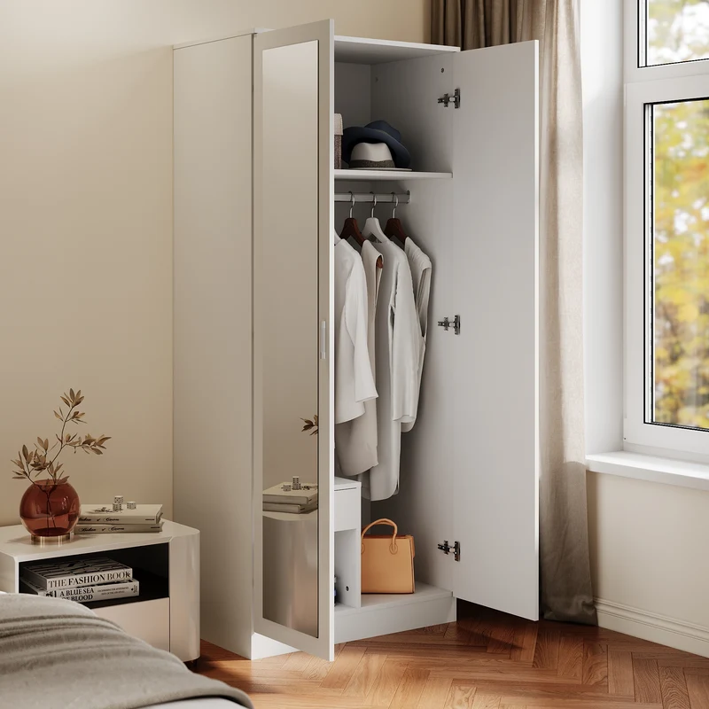 Armoire moderne 2 portes avec beaucoup d'espace de rangement, armoire polyvalente à portes battantes en blanc avec porte miroir, 76 x 47x 180cm