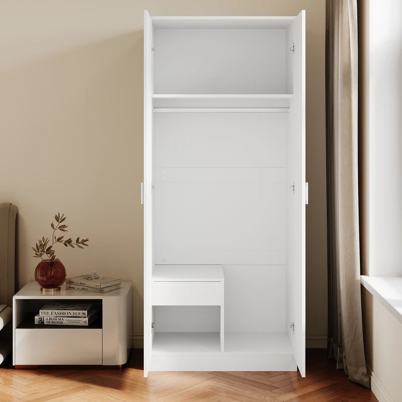 Armoire moderne 2 portes avec beaucoup d'espace de rangement, armoire polyvalente à portes battantes en blanc avec porte miroir, 76 x 47x 180cm