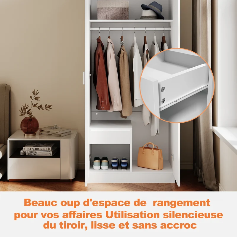 Armoire moderne 2 portes avec beaucoup d'espace de rangement, armoire polyvalente à portes battantes en blanc avec porte miroir, 76 x 47x 180cm