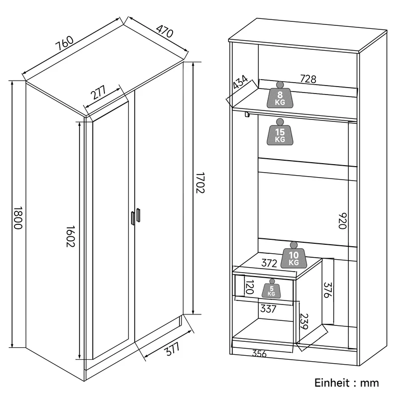 Armoire moderne 2 portes avec beaucoup d'espace de rangement, armoire polyvalente à portes battantes en blanc avec porte miroir, 76 x 47x 180cm