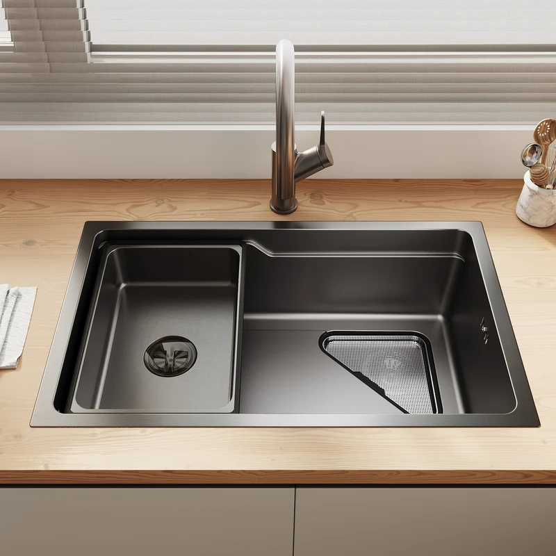 Évier de cuisine en acier inoxydable 304 SUS à 1 cuve, évier encastrable à une cuve avec panier à déchets triangulaire côté étroit, Noir, 70×43cm