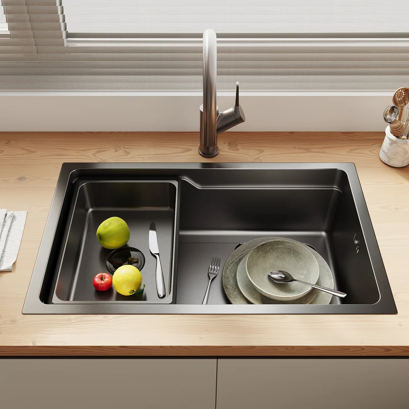 Évier de cuisine en acier inoxydable 304 SUS à 1 cuve, évier encastrable à une cuve avec panier à déchets triangulaire côté étroit, Noir, 70×43cm