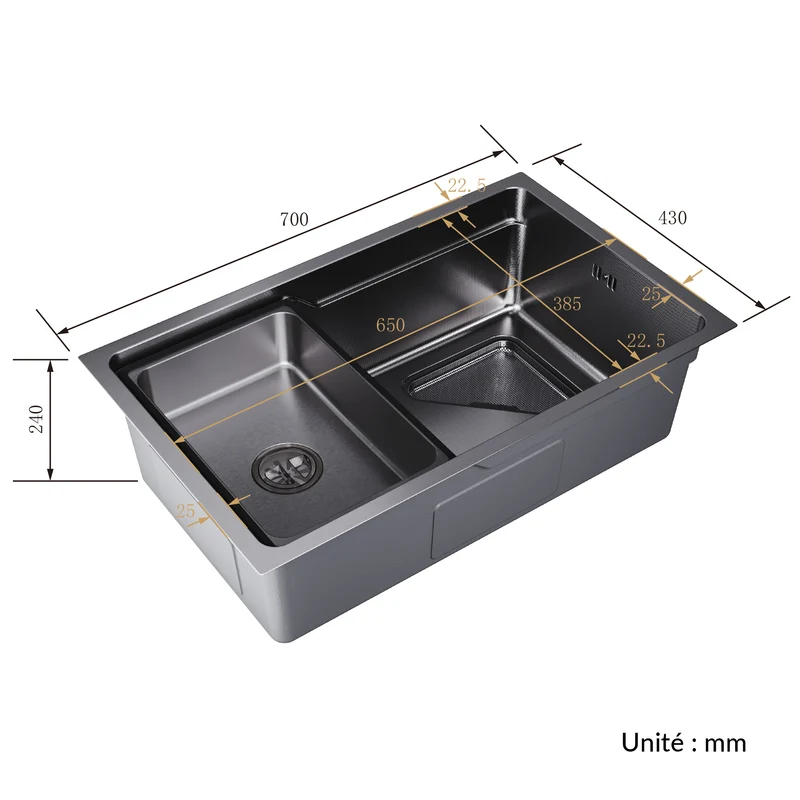Évier de cuisine en acier inoxydable 304 SUS à 1 cuve, évier encastrable à une cuve avec panier à déchets triangulaire côté étroit, Noir, 70×43cm