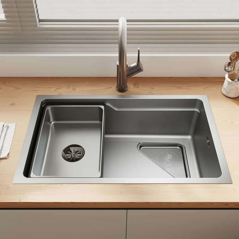 Évier de cuisine en acier inoxydable 304 SUS à 1 cuve, évier encastrable à cuve unique avec panier à déchets triangulaire côté étroit, Argenté, 70×43cm