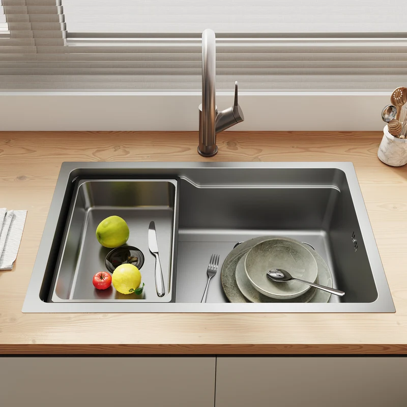 Évier de cuisine en acier inoxydable 304 SUS à 1 cuve, évier encastrable à cuve unique avec panier à déchets triangulaire côté étroit, Argenté, 70×43cm