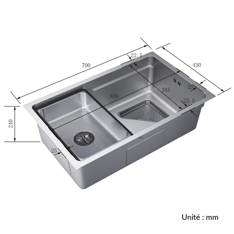 Évier de cuisine en acier inoxydable 304 SUS à 1 cuve, évier encastrable à cuve unique avec panier à déchets triangulaire côté étroit, Argenté, 70×43cm