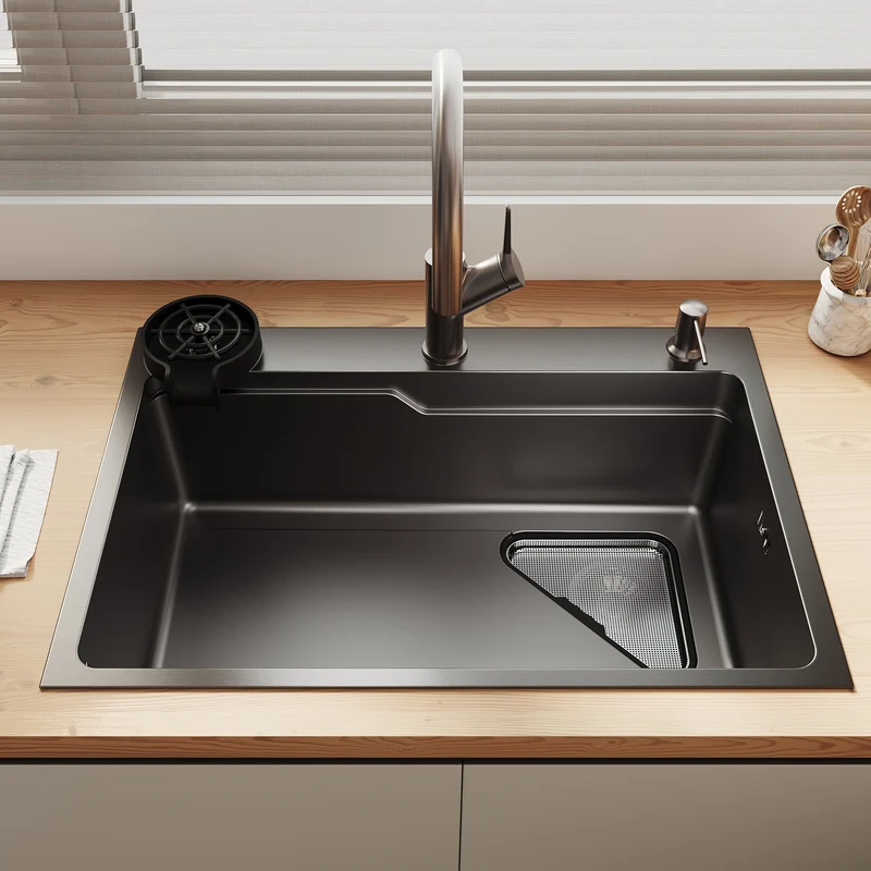 Évier de cuisine en acier inoxydable 304 SUS à 1 cuve, évier encastrable à une cuve avec panier à déchets triangulaire, Noir, 70×48cm