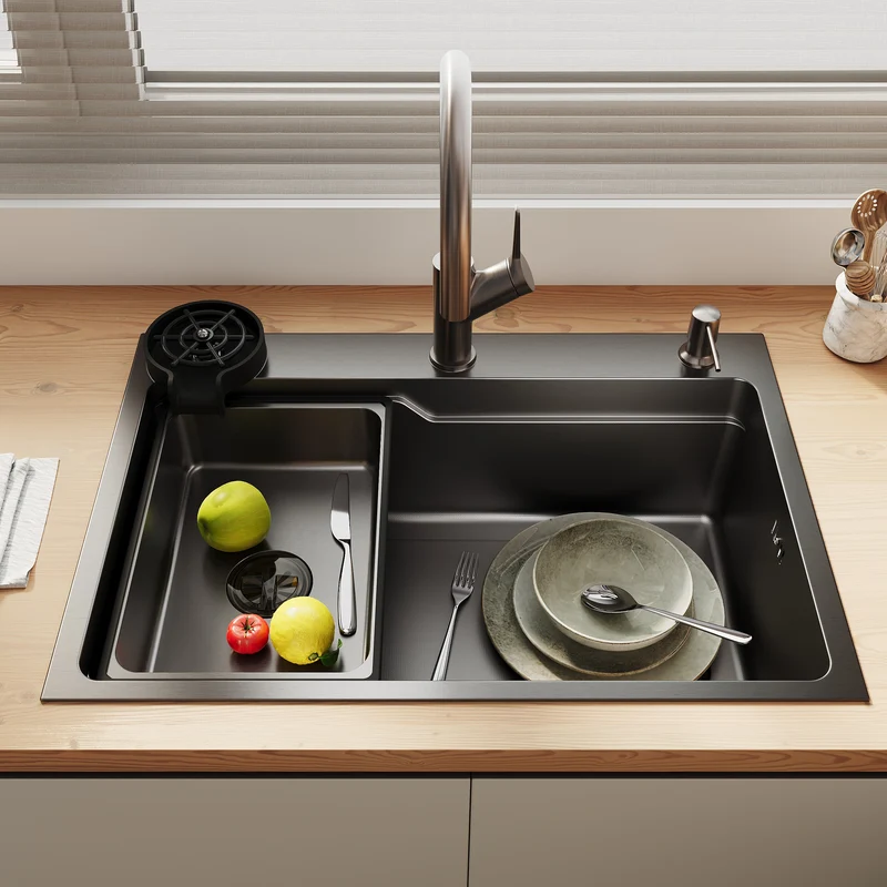 Évier de cuisine en acier inoxydable 304 SUS à 1 cuve, évier encastrable à une cuve avec panier à déchets triangulaire, Noir, 70×48cm