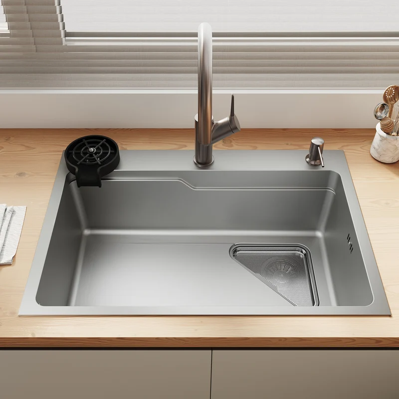 Évier de cuisine en acier inoxydable 304 SUS à 1 cuve, évier encastrable à une cuve avec égouttoir, crépine triangulaire, Argent, 70 × 48 cm
