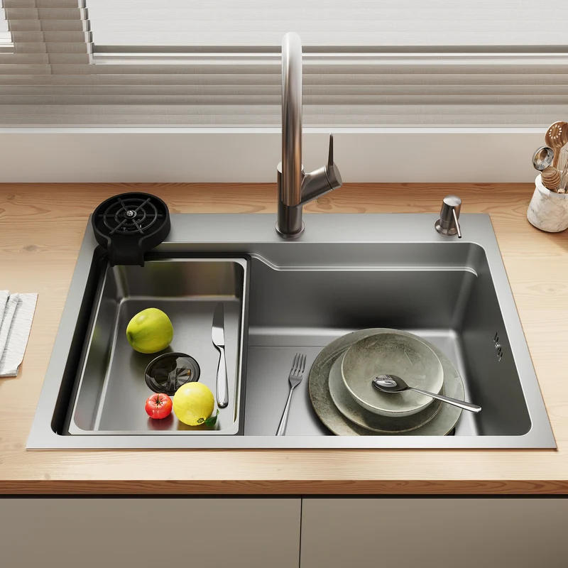 Évier de cuisine en acier inoxydable 304 SUS à 1 cuve, évier encastrable à une cuve avec égouttoir, crépine triangulaire, Argent, 70 × 48 cm