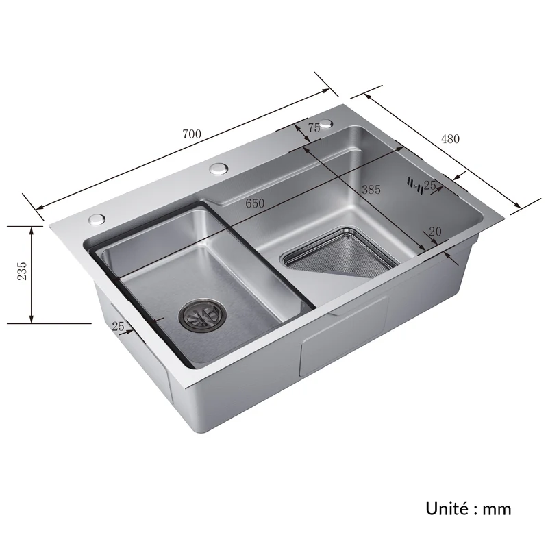 Évier de cuisine en acier inoxydable 304 SUS à 1 cuve, évier encastrable à une cuve avec égouttoir, crépine triangulaire, Argent, 70 × 48 cm