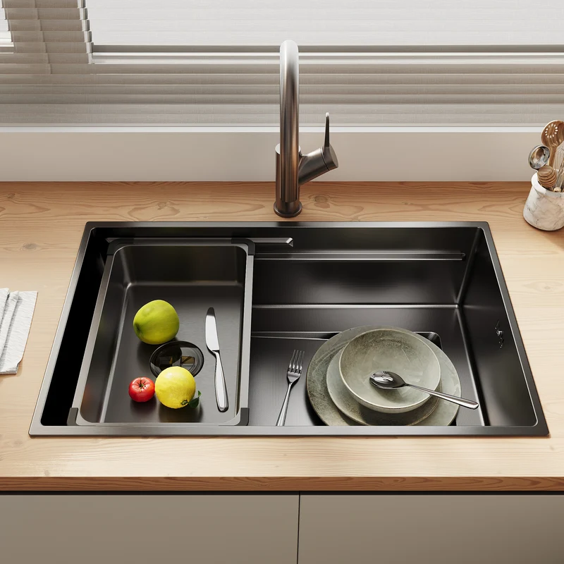 Évier de cuisine en acier inoxydable 304 SUS à 1 cuve, évier encastrable à cuve unique avec panier à déchets rectangulaire côté étroit, Noir, 70 × 44 cm