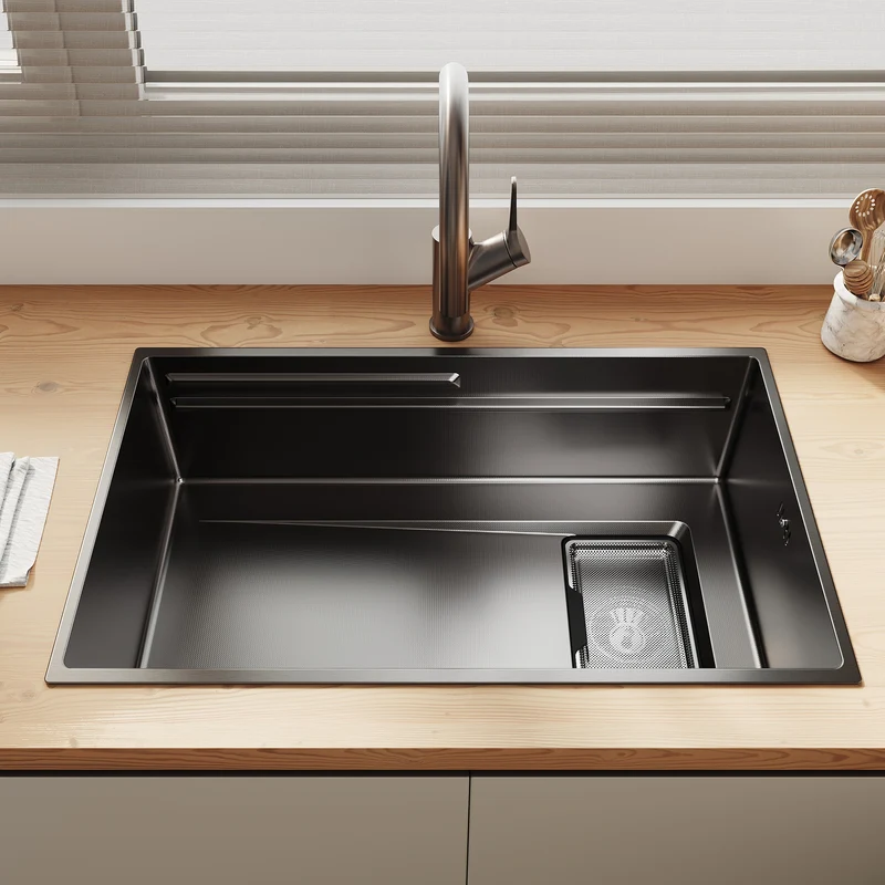 Évier de cuisine en acier inoxydable 304 SUS à 1 cuve, évier encastrable à cuve unique avec panier à déchets rectangulaire côté étroit, Noir, 70 × 44 cm