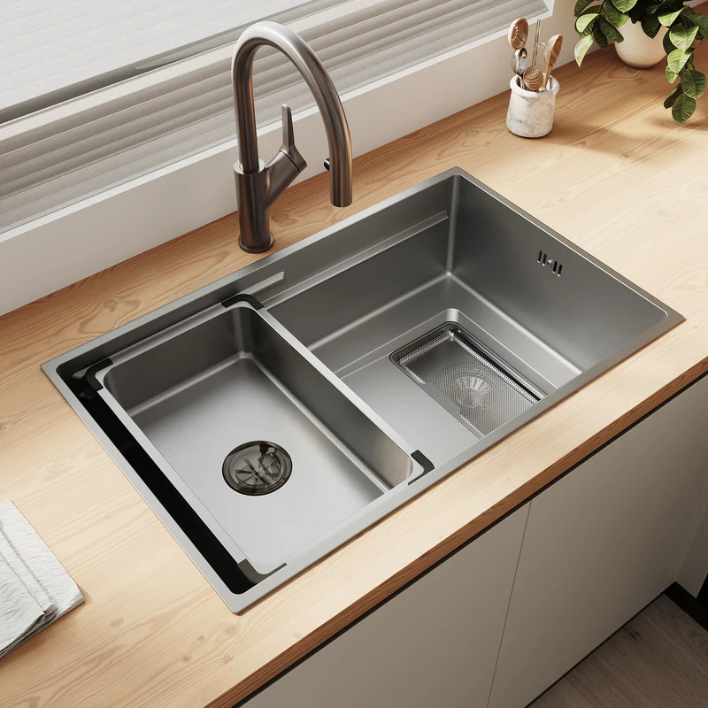 Évier de cuisine en acier inoxydable 304 SUS à 1 cuve, évier encastrable à une cuve avec filtre à déchets rectangulaire côté étroit, Argenté, 70×44cm