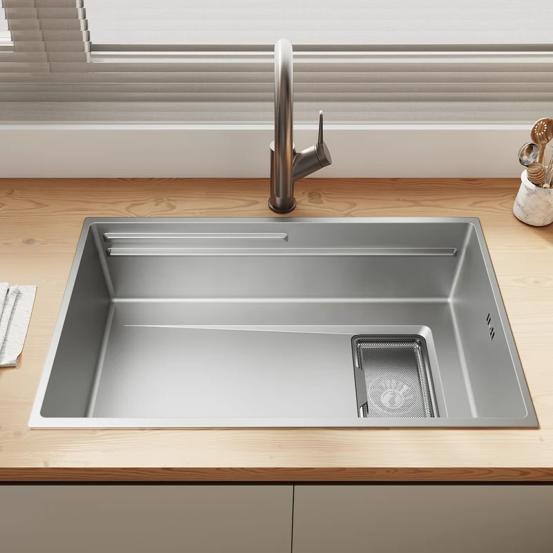 Évier de cuisine en acier inoxydable 304 SUS à 1 cuve, évier encastrable à une cuve avec filtre à déchets rectangulaire côté étroit, Argenté, 70×44cm