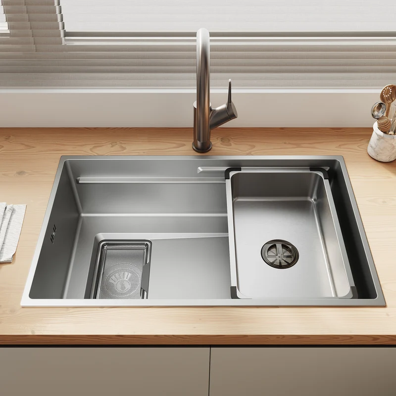 Évier de cuisine en acier inoxydable 304 SUS à 1 cuve, évier encastrable à une cuve avec filtre à déchets rectangulaire côté étroit, Argenté, 70×44cm