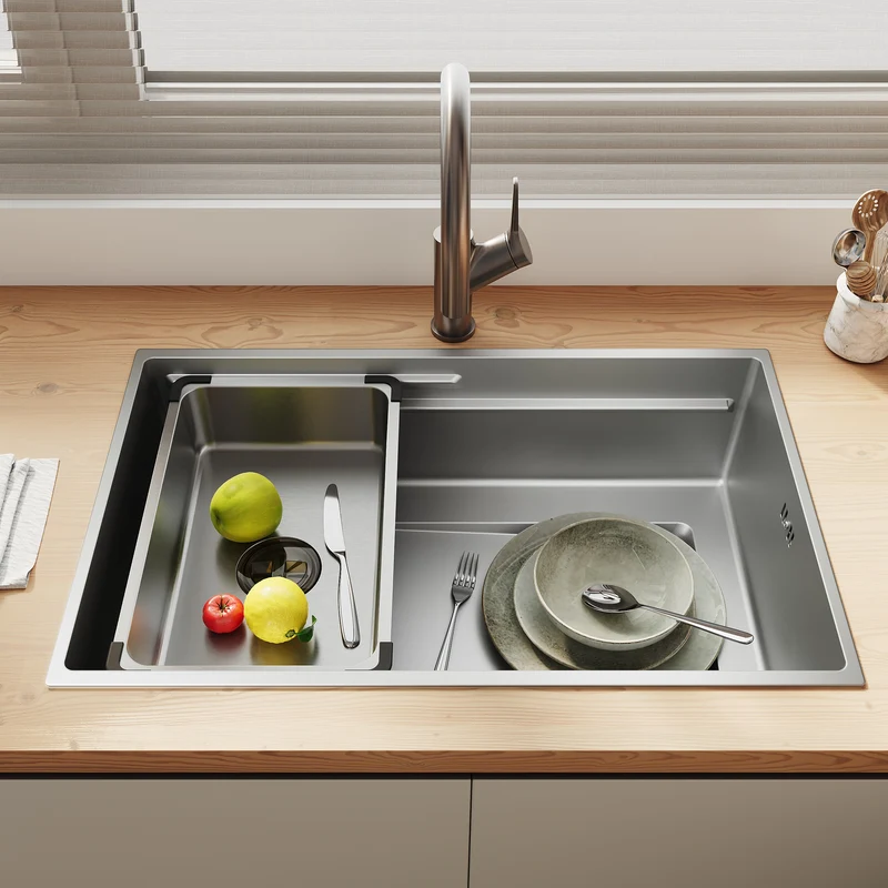 Évier de cuisine en acier inoxydable 304 SUS à 1 cuve, évier encastrable à une cuve avec filtre à déchets rectangulaire côté étroit, Argenté, 70×44cm