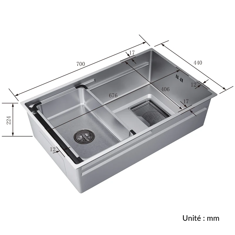 Évier de cuisine en acier inoxydable 304 SUS à 1 cuve, évier encastrable à une cuve avec filtre à déchets rectangulaire côté étroit, Argenté, 70×44cm