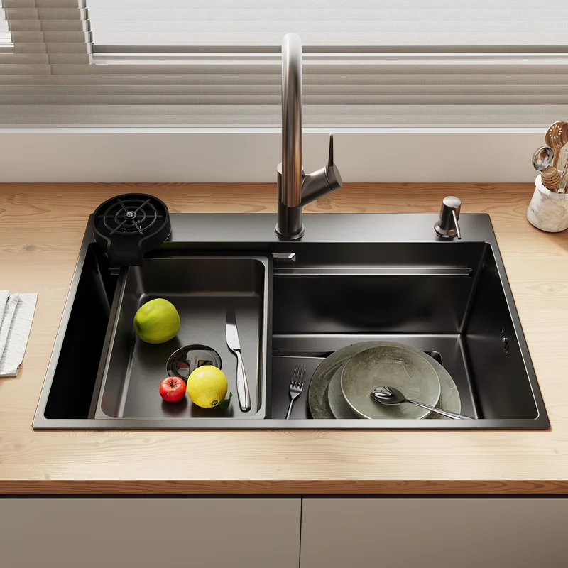 Évier de cuisine en acier inoxydable 304 SUS à 1 cuve, évier encastrable à cuve unique avec panier à déchets rectangulaire, Noir, 70 × 45 cm
