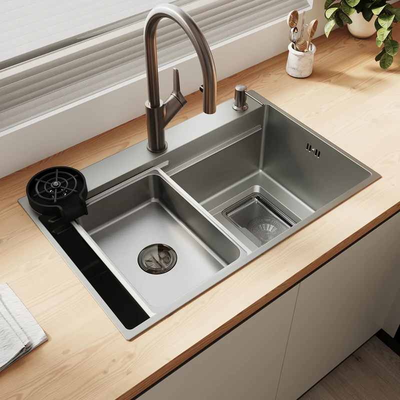 Évier de cuisine en acier inoxydable 304 SUS à 1 cuve, évier encastré à une cuve avec égouttoir, 70 × 45 cm