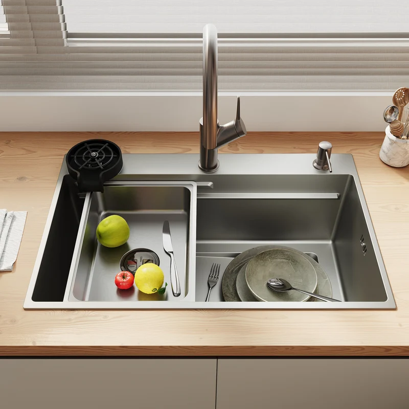 Évier de cuisine en acier inoxydable 304 SUS à 1 cuve, évier encastré à une cuve avec égouttoir, 70 × 45 cm