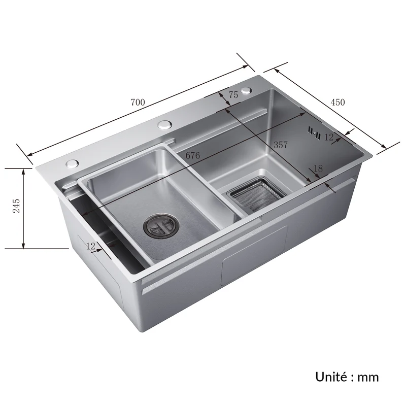 Évier de cuisine en acier inoxydable 304 SUS à 1 cuve, évier encastré à une cuve avec égouttoir, 70 × 45 cm