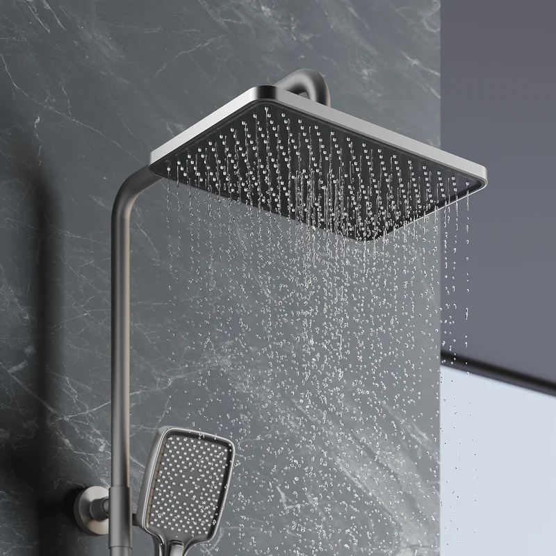 Colonne de Douche Thermostatique 38°C avec Pommeau de Douche, 3 Sorties d'Eau, Réglable en Hauteur, Gris Pistolet