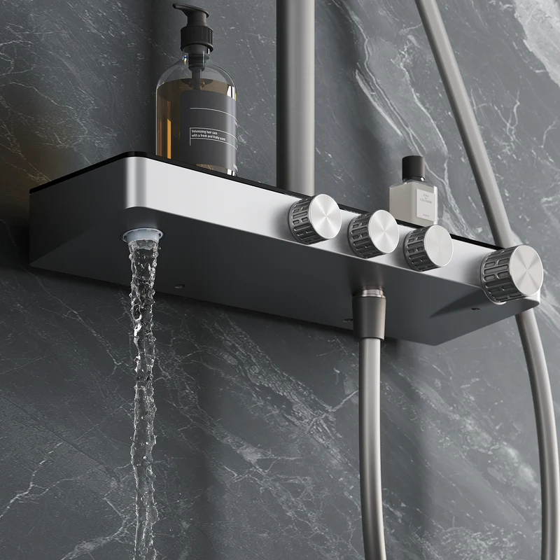 Colonne de Douche Thermostatique 38°C avec Pommeau de Douche, 3 Sorties d'Eau, Réglable en Hauteur, Gris Pistolet