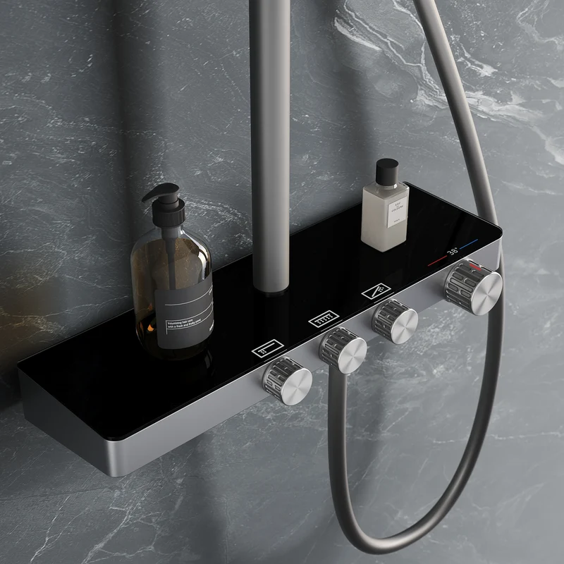 Colonne de Douche Thermostatique 38°C avec Pommeau de Douche, 3 Sorties d'Eau, Réglable en Hauteur, Gris Pistolet