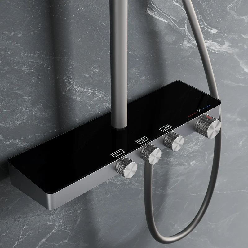 Colonne de Douche Thermostatique 38°C avec Pommeau de Douche, 3 Sorties d'Eau, Réglable en Hauteur, Gris Pistolet