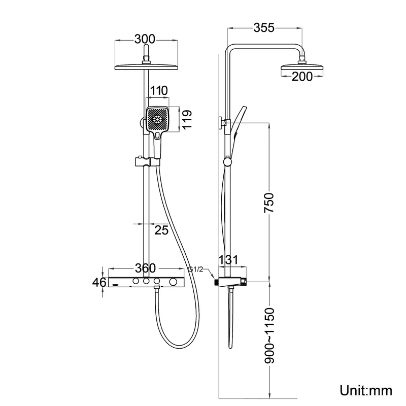 Colonne de Douche Thermostatique 38°C avec Pommeau de Douche, 3 Sorties d'Eau, Réglable en Hauteur, Gris Pistolet
