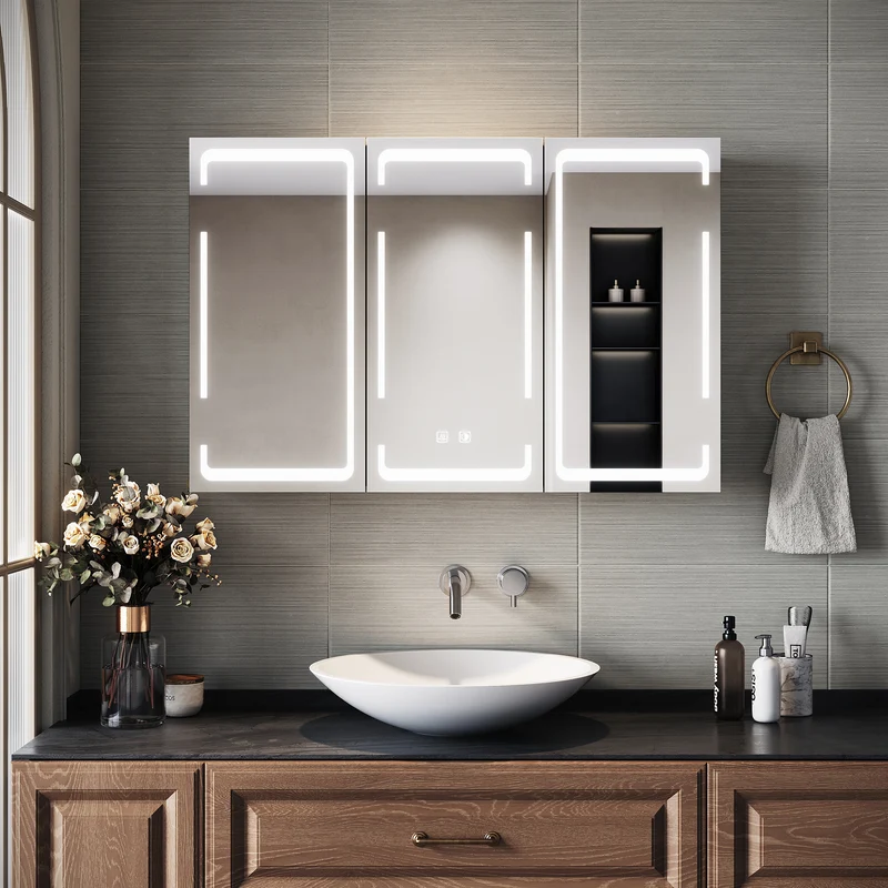 SIRHONA Armoire de toilette avec éclairage 3 couleurs de lumière réglable et antibuée Armoire de toilette 3 portes avec charnières sans fil Design et prise de courant 90x60x14 cm blanc
