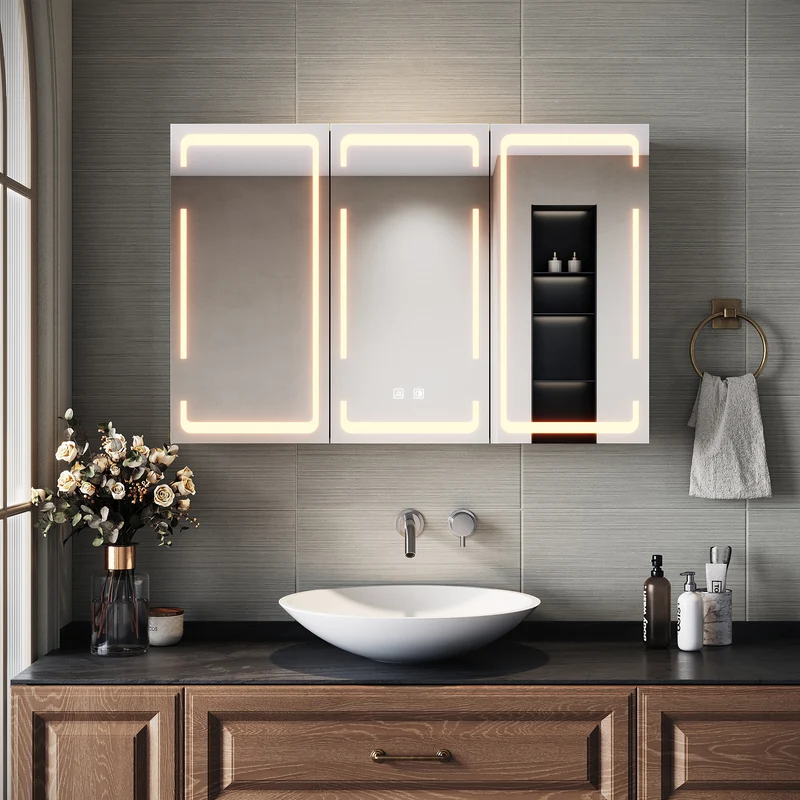 SIRHONA Armoire de toilette avec éclairage 3 couleurs de lumière réglable et antibuée Armoire de toilette 3 portes avec charnières sans fil Design et prise de courant 90x60x14 cm blanc