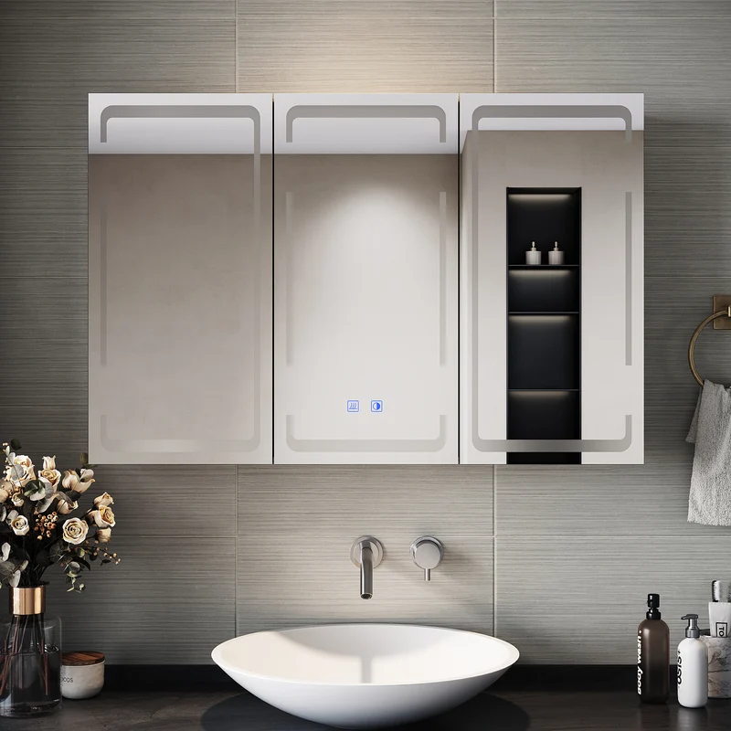 SIRHONA Armoire de toilette avec éclairage 3 couleurs de lumière réglable et antibuée Armoire de toilette 3 portes avec charnières sans fil Design et prise de courant 90x60x14 cm blanc