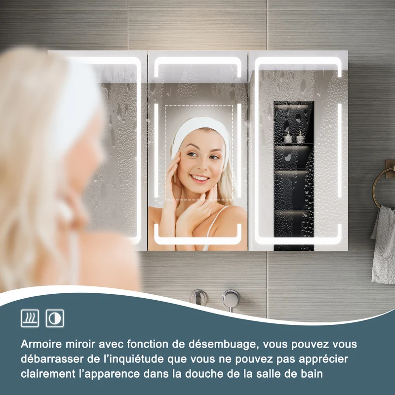 SIRHONA Armoire de toilette avec éclairage 3 couleurs de lumière réglable et antibuée Armoire de toilette 3 portes avec charnières sans fil Design et prise de courant 90x60x14 cm blanc