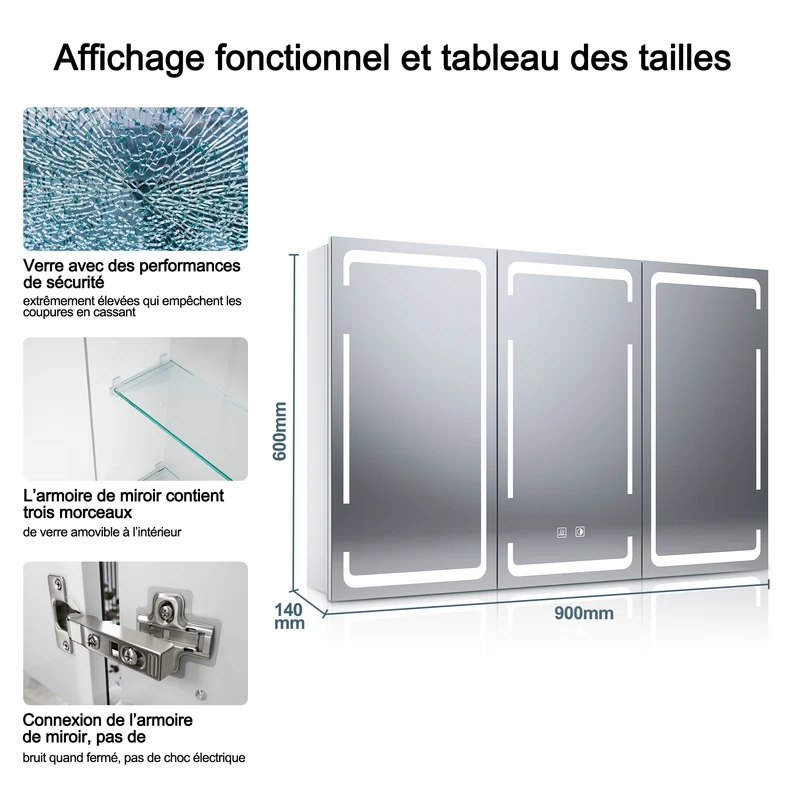SIRHONA Armoire de toilette avec éclairage 3 couleurs de lumière réglable et antibuée Armoire de toilette 3 portes avec charnières sans fil Design et prise de courant 90x60x14 cm blanc