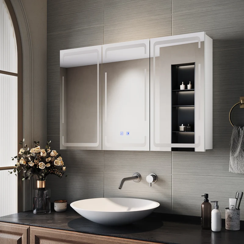 SIRHONA Armoire de toilette avec éclairage 3 couleurs de lumière réglable et antibuée Armoire de toilette 3 portes avec charnières sans fil Design et prise de courant 90x60x14 cm blanc