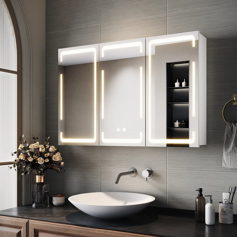 SIRHONA Armoire de toilette avec éclairage 3 couleurs de lumière réglable et antibuée Armoire de toilette 3 portes avec charnières sans fil Design et prise de courant 90x60x14 cm blanc