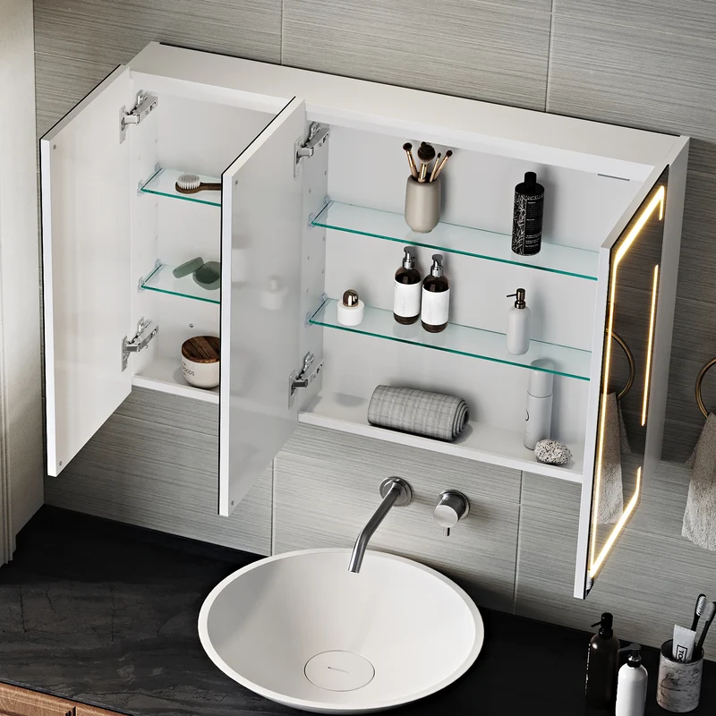 SIRHONA Armoire de toilette avec éclairage 3 couleurs de lumière réglable et antibuée Armoire de toilette 3 portes avec charnières sans fil Design et prise de courant 90x60x14 cm blanc