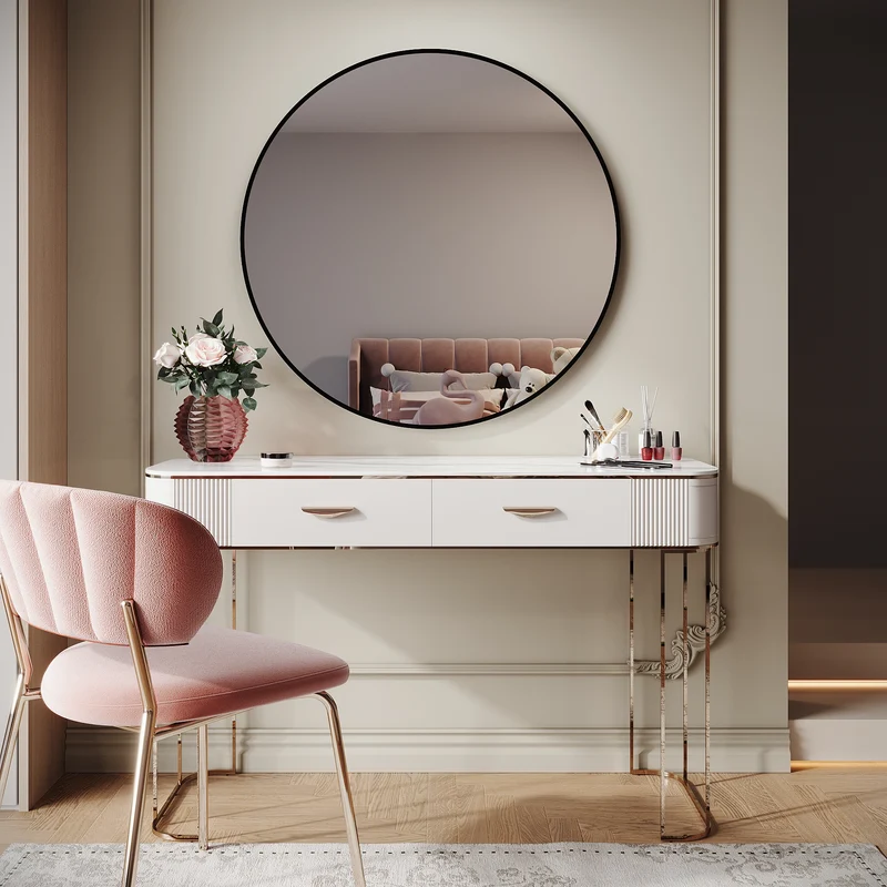 SIRHONA Miroir de maquillage avec cadre noir 900 x 900 x 35 mm, miroir rond mural