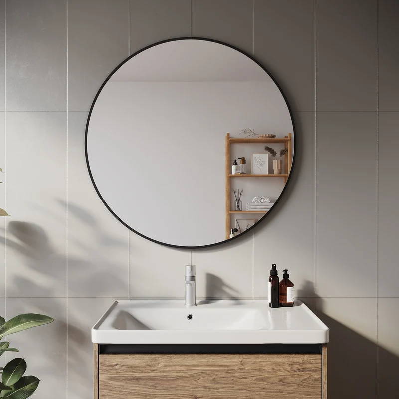 SIRHONA Miroir de maquillage avec cadre noir 900 x 900 x 35 mm, miroir rond mural
