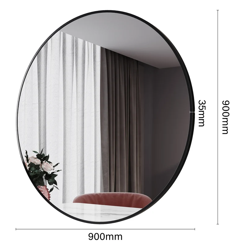 SIRHONA Miroir de maquillage avec cadre noir 900 x 900 x 35 mm, miroir rond mural
