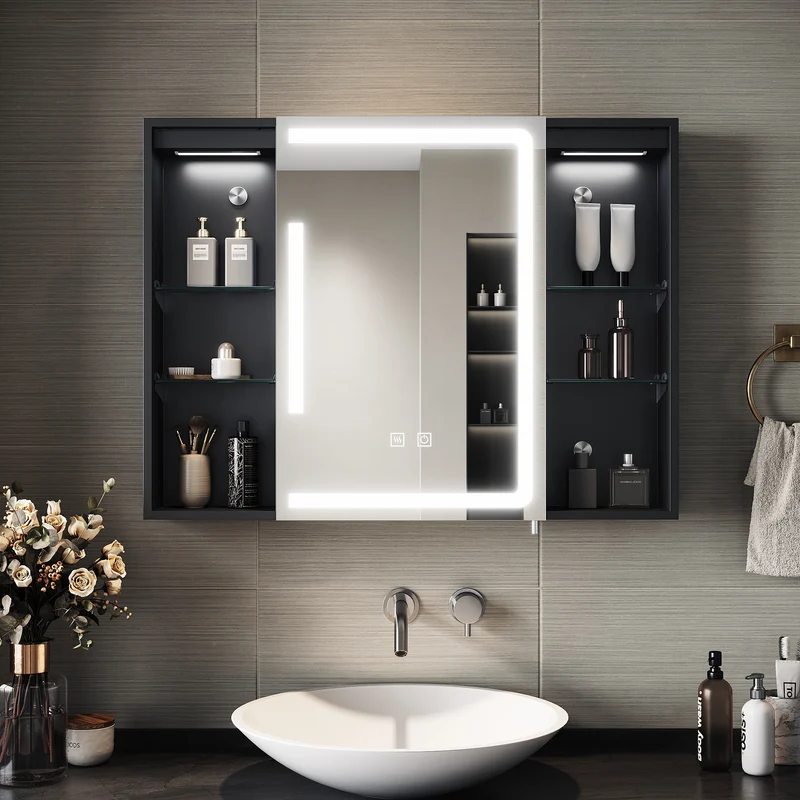 SIRHONA Armoire de Toilette Miroir, Armoire Murale avec Éclairage LED et Prises de Courant, Interrupteurs à Commande Tactile, 80 x 60 x 13cm