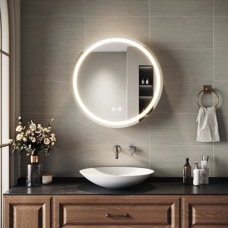 SIRHONA Armoire de Toilette Miroir, Armoire Murale avec Éclairage LED et Prises de Courant, Trois Températures de Couleur Réglables, Gris, 60 x 60 x 14cm