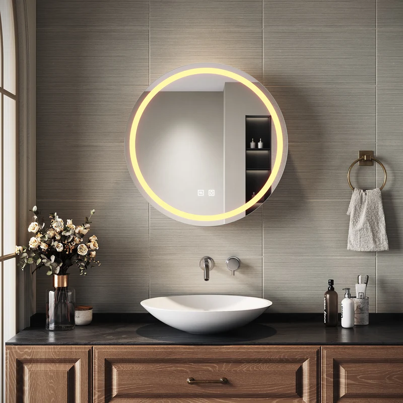 SIRHONA Armoire de Toilette Miroir, Armoire Murale avec Éclairage LED et Prises de Courant, Trois Températures de Couleur Réglables, Gris, 60 x 60 x 14cm