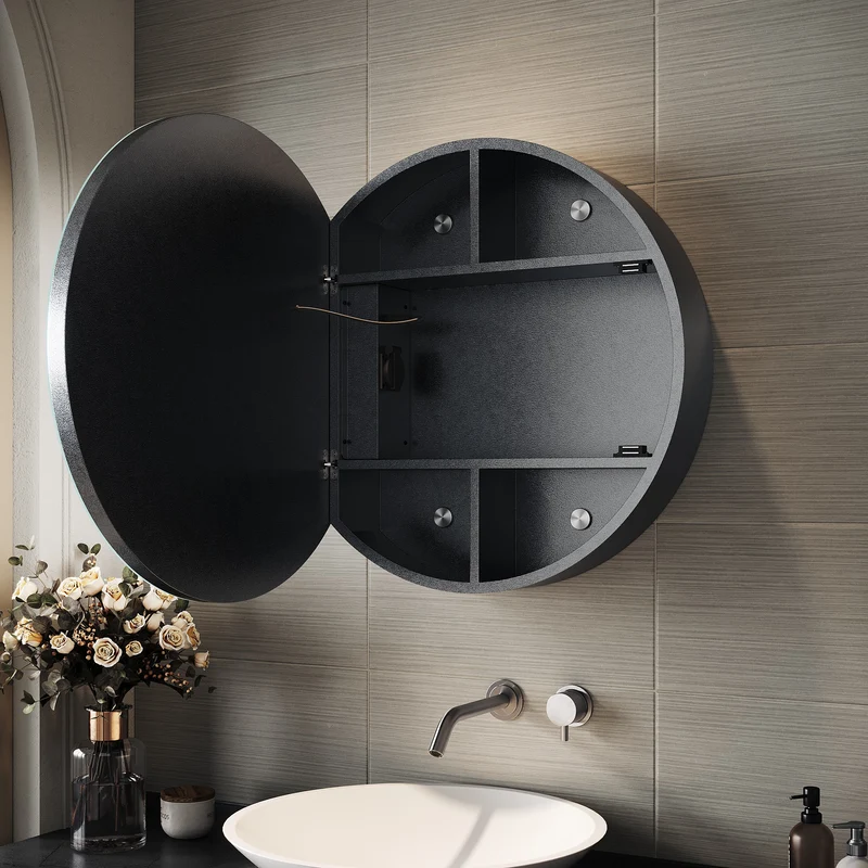 SIRHONA Armoire de Toilette Miroir, Armoire Murale avec Éclairage LED et Prises de Courant, Trois Températures de Couleur Réglables, Gris, 60 x 60 x 14cm