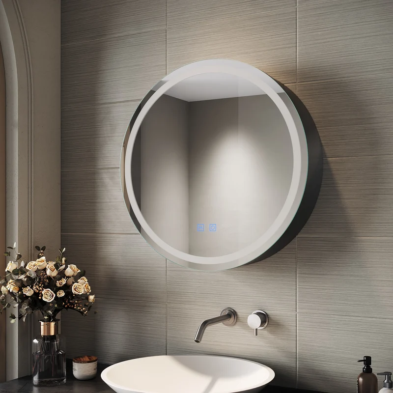 SIRHONA Armoire de Toilette Miroir, Armoire Murale avec Éclairage LED et Prises de Courant, Trois Températures de Couleur Réglables, Gris, 60 x 60 x 14cm