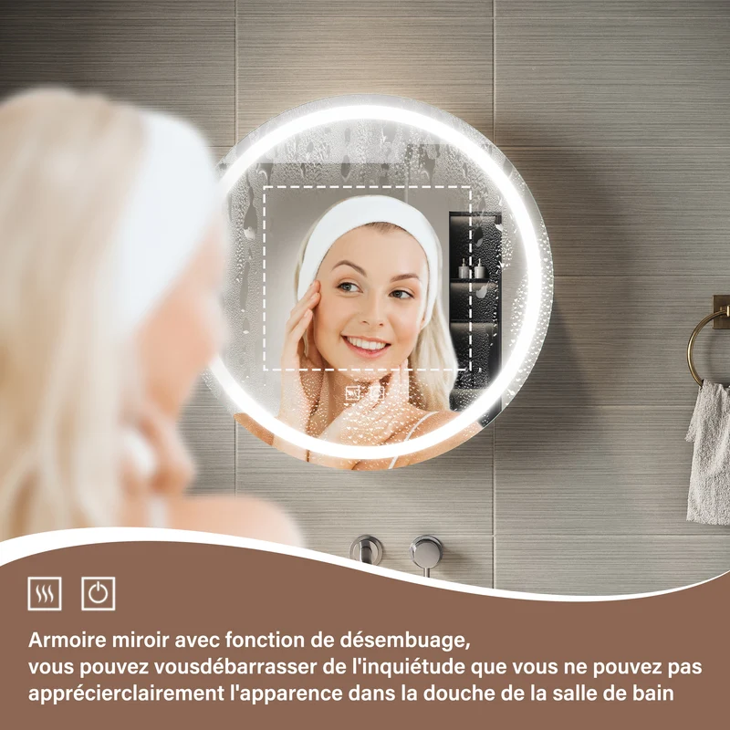SIRHONA Armoire de Toilette Miroir, Armoire Murale avec Éclairage LED et Prises de Courant, Trois Températures de Couleur Réglables, Gris, 60 x 60 x 14cm