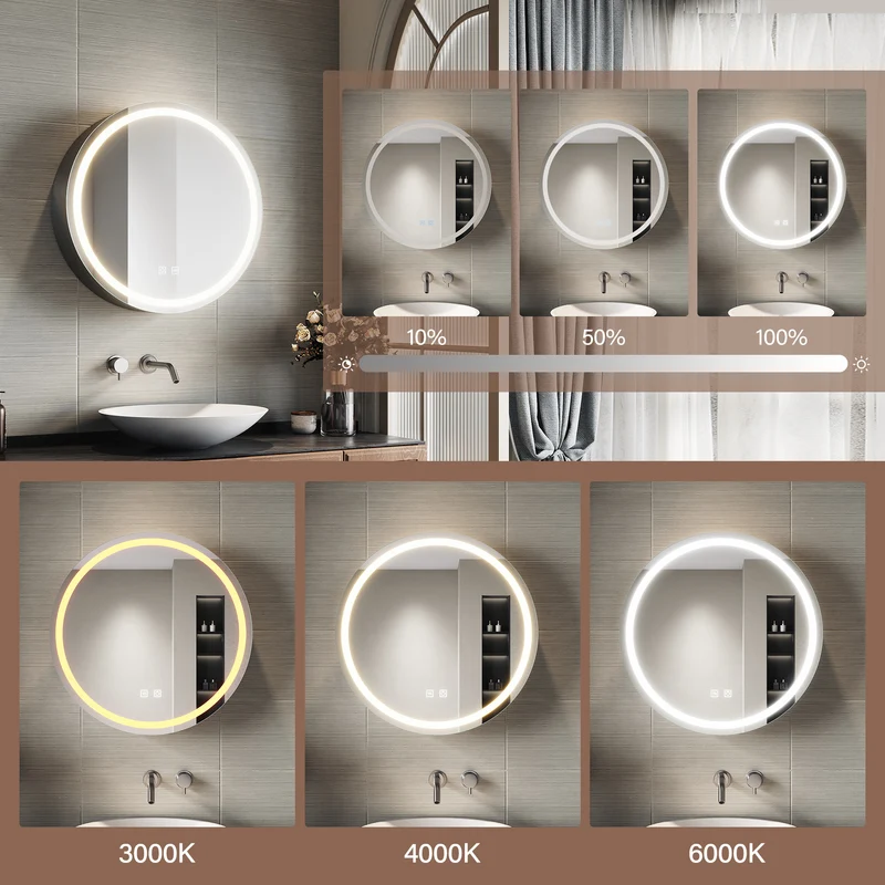SIRHONA Armoire de Toilette Miroir, Armoire Murale avec Éclairage LED et Prises de Courant, Trois Températures de Couleur Réglables, Gris, 60 x 60 x 14cm